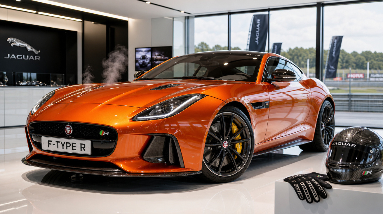 Carro esportivo Jaguar F-TYPE R laranja em showroom com capacete e luvas preto ao lado.