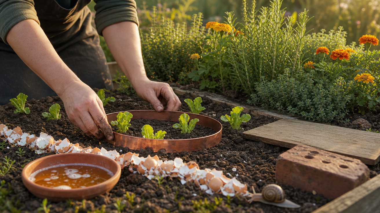 Mãos plantando mudas em canteiro de terra com cascas de ovos e plantas florescendo ao fundo.