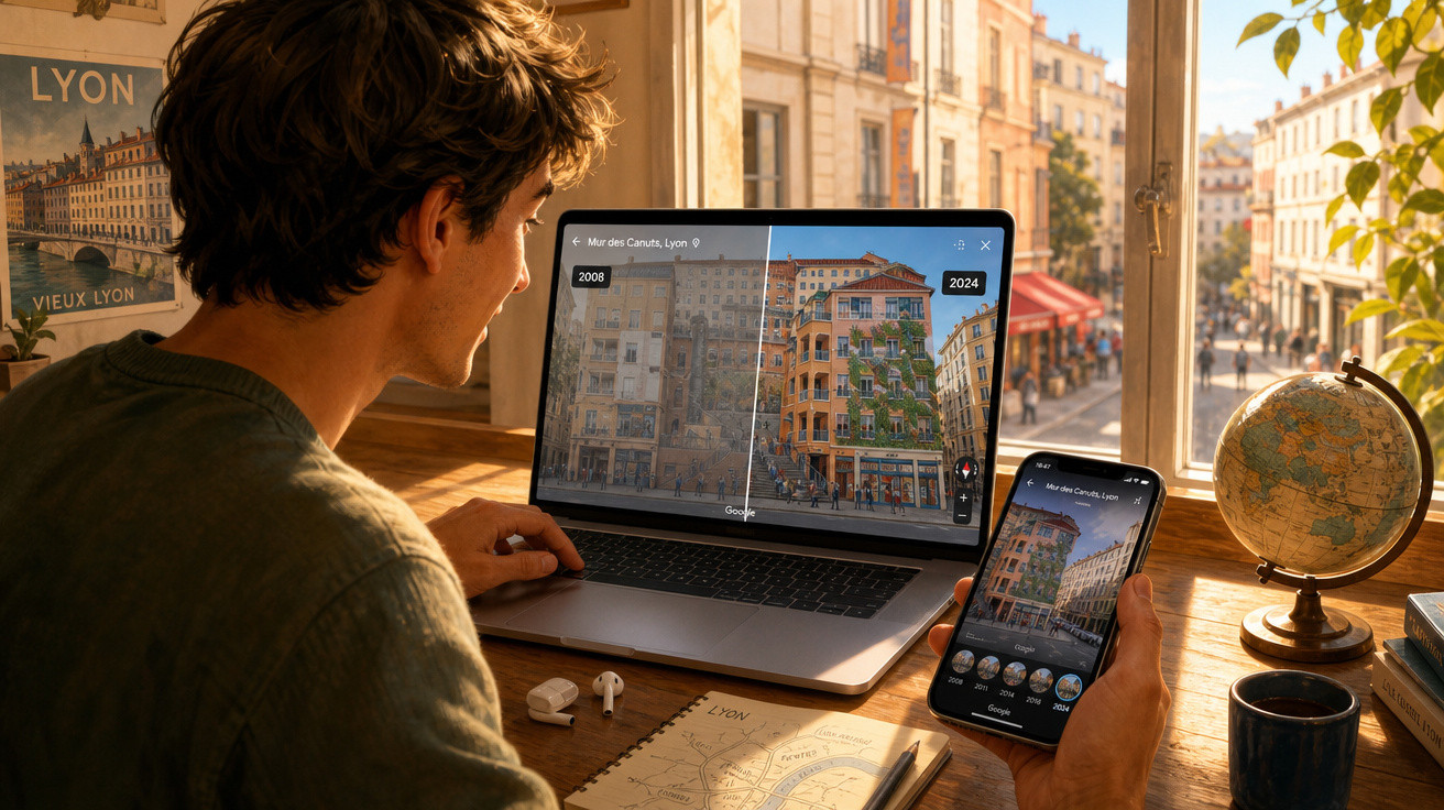 Homem em mesa com computador e celular comparando fotos antigas e atuais de uma paisagem urbana em Lyon.