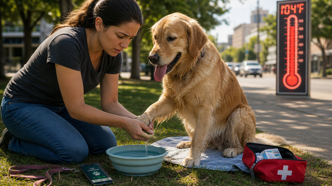Mulher dá água para cachorro em parque quente com termômetro digital marcando 104°F ao fundo.