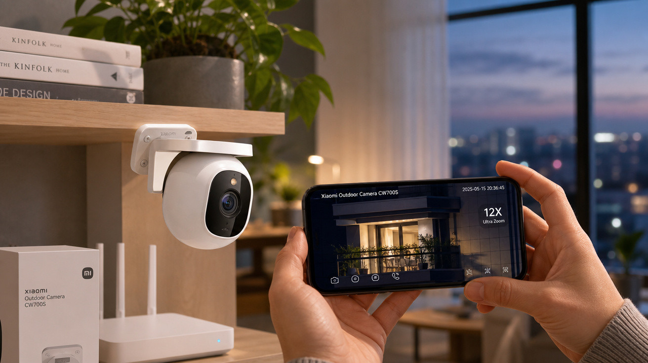 Pessoa segurando celular que mostra imagem captada por câmera de segurança Xiaomi instalada em ambiente interno.
