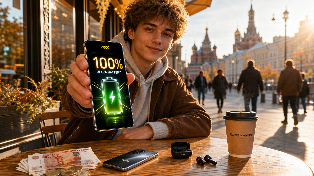 Jovem sentado em café ao ar livre mostra celular com bateria 100%, mesa com dinheiro, fones e café.