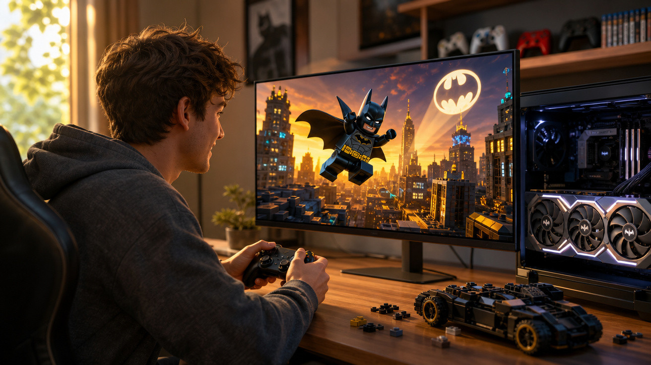 Jovem jogando videogame de Batman Lego em monitor, com controle nas mãos e peça de Lego na mesa.