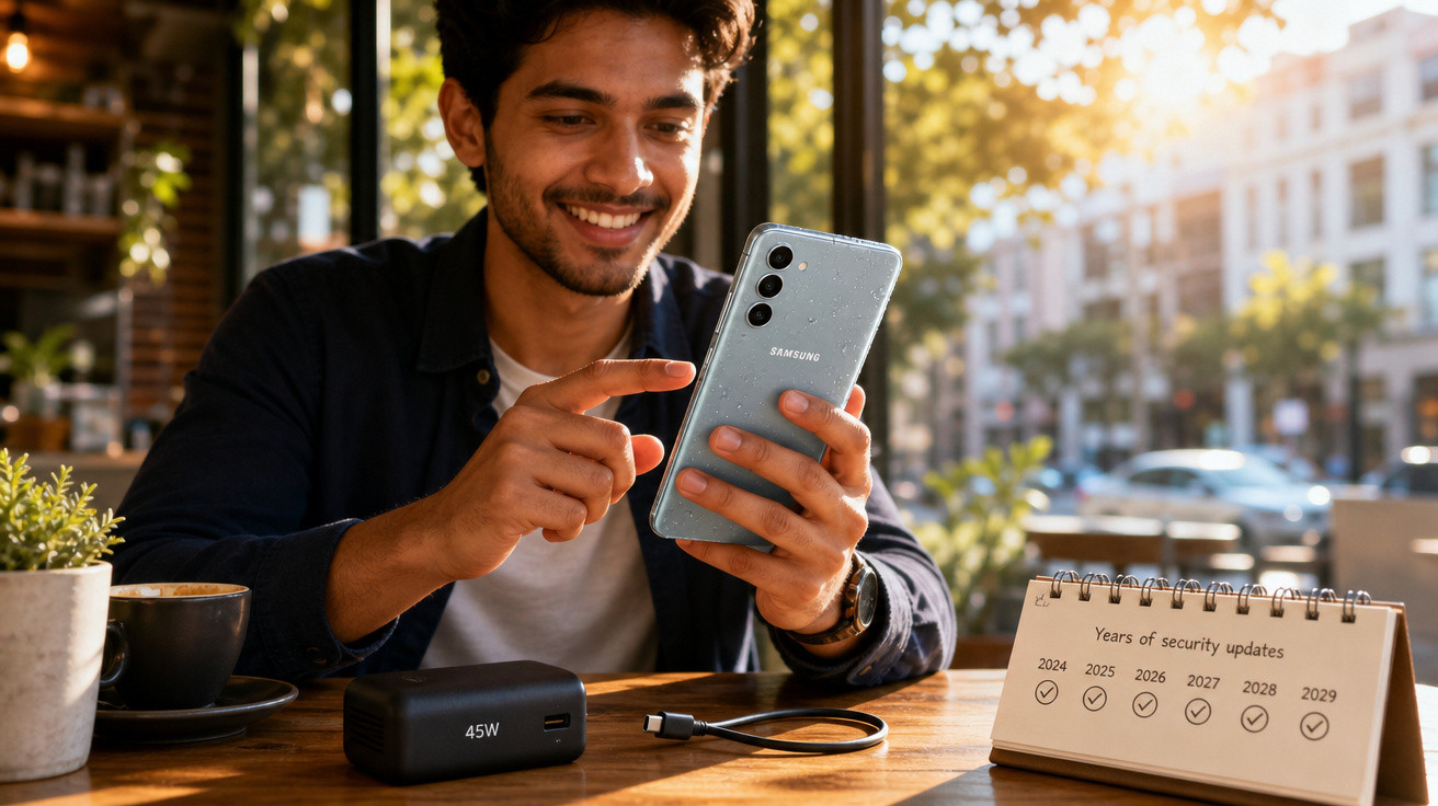 Homem sorrindo usando smartphone Samsung em café com carregador 45W e calendário na mesa.