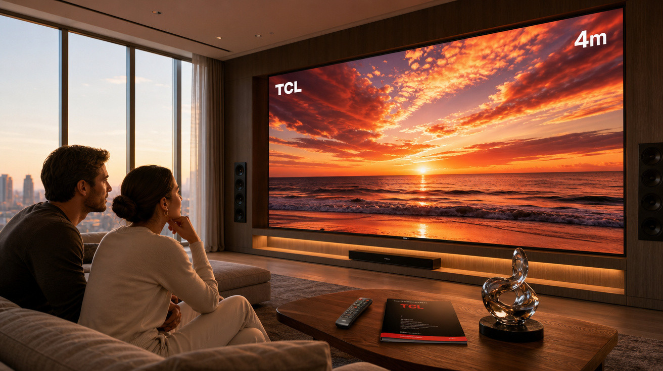 Casal sentado no sofá assistindo a paisagem de pôr do sol na tela grande da TV em sala moderna.