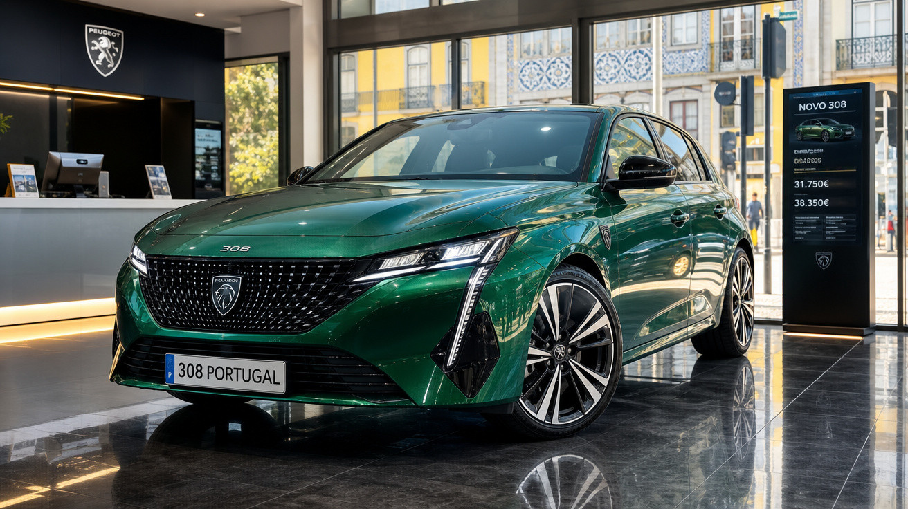 Carro Peugeot 308 verde exibido em showroom moderno com piso refletivo e grandes janelas ao fundo.