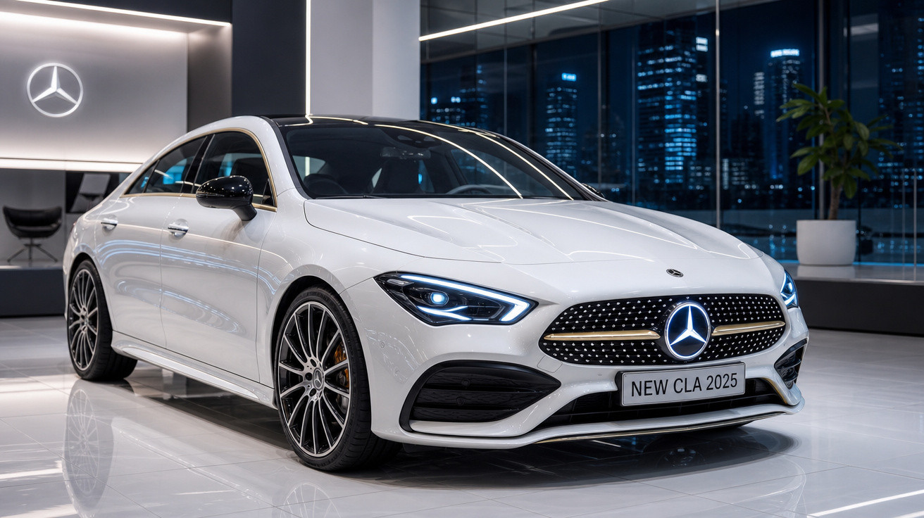 Carro Mercedes-Benz CLA 2025 branco exibido em showroom moderno com iluminação interna e prédios à noite ao fundo.
