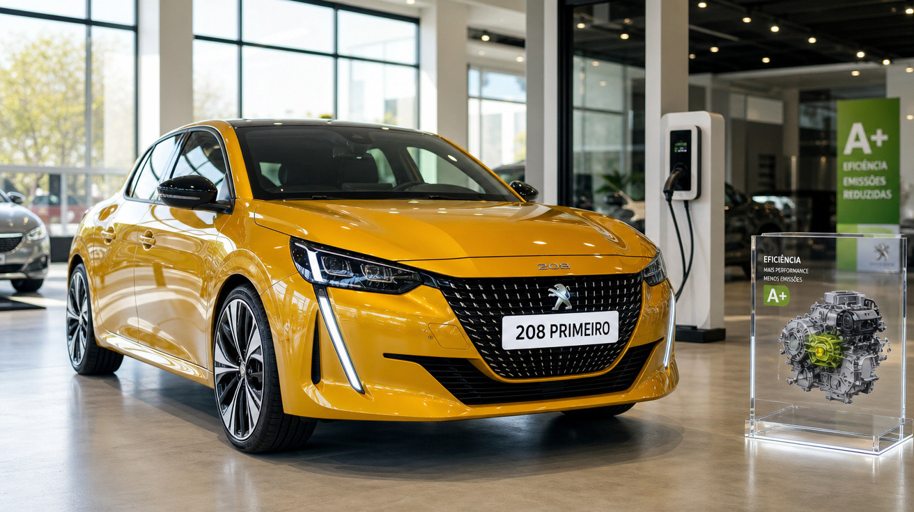Carro amarelo Peugeot 208 Primeiro em showroom moderno com display de motor e sinalização de eficiência A+.