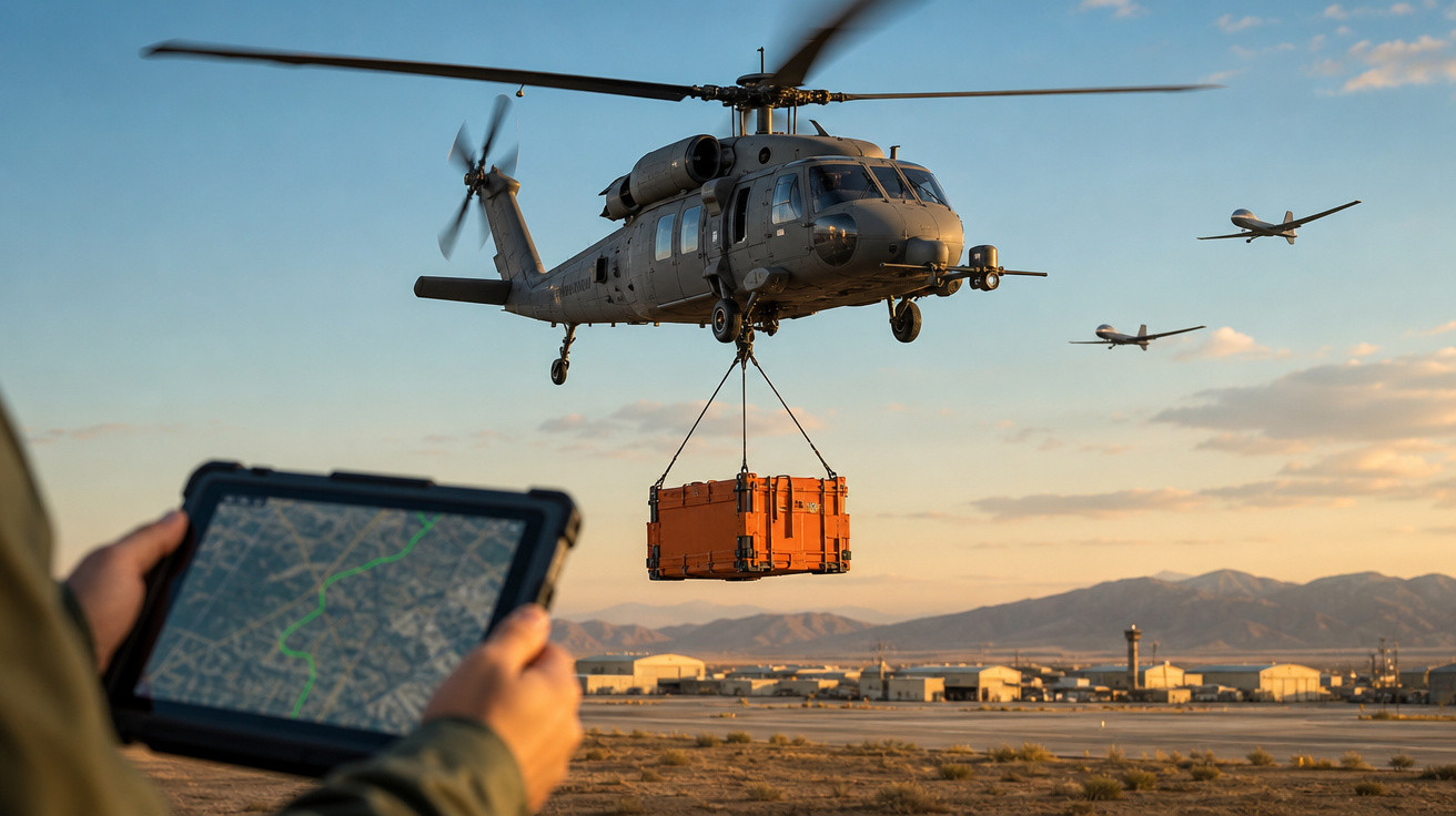 Helicóptero militar transporta carga suspensa enquanto pessoa monitora rota em tablet no pôr do sol.