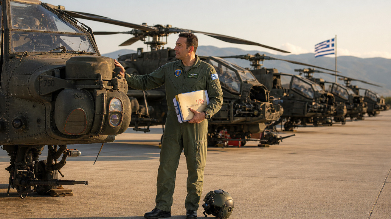 Piloto militar em uniforme verde verifica helicóptero Apache em fila na base aérea, com bandeira da Grécia ao fundo.