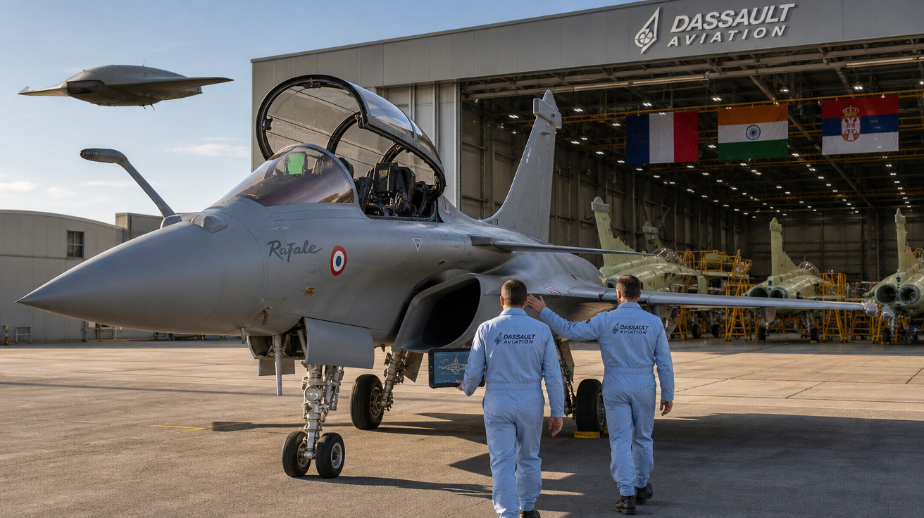 Avião de caça Rafale em pista com dois profissionais da Dassault Aviation caminhando em direção a hangar.