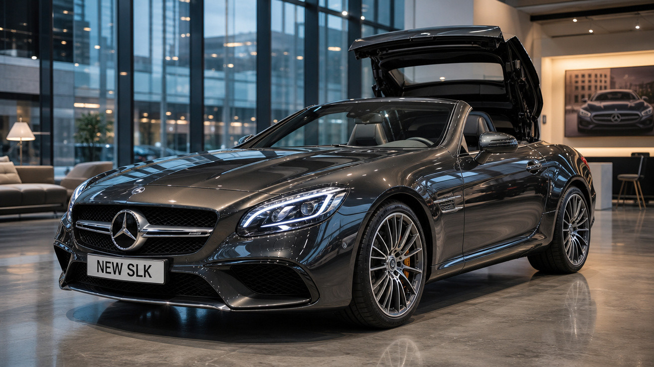 Carro esportivo Mercedes-Benz preto com teto retrátil aberto em showroom moderno.