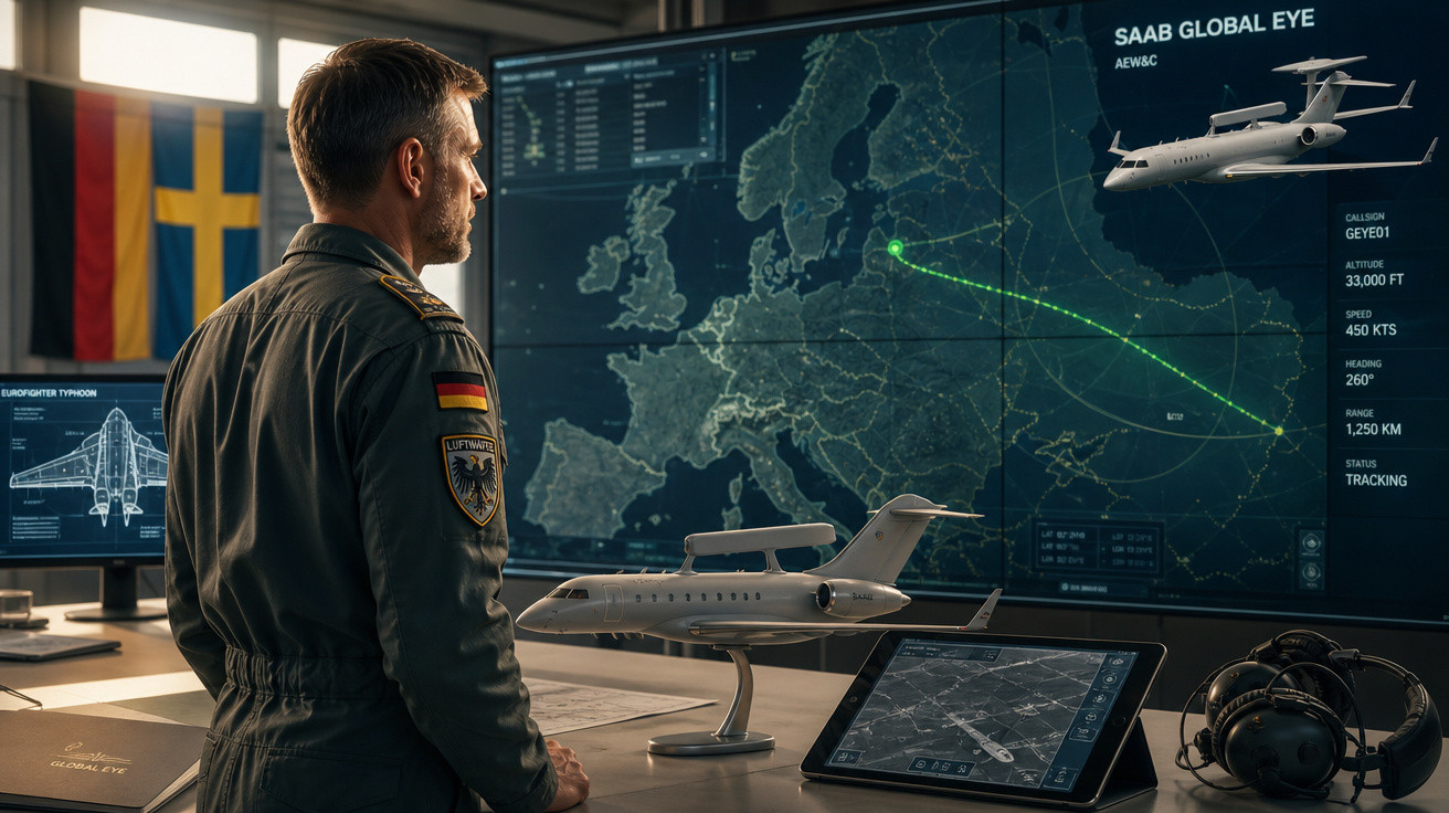 Homem em uniforme militar observa mapa digital da Europa com rota de avião em sala de controle de vigilância.