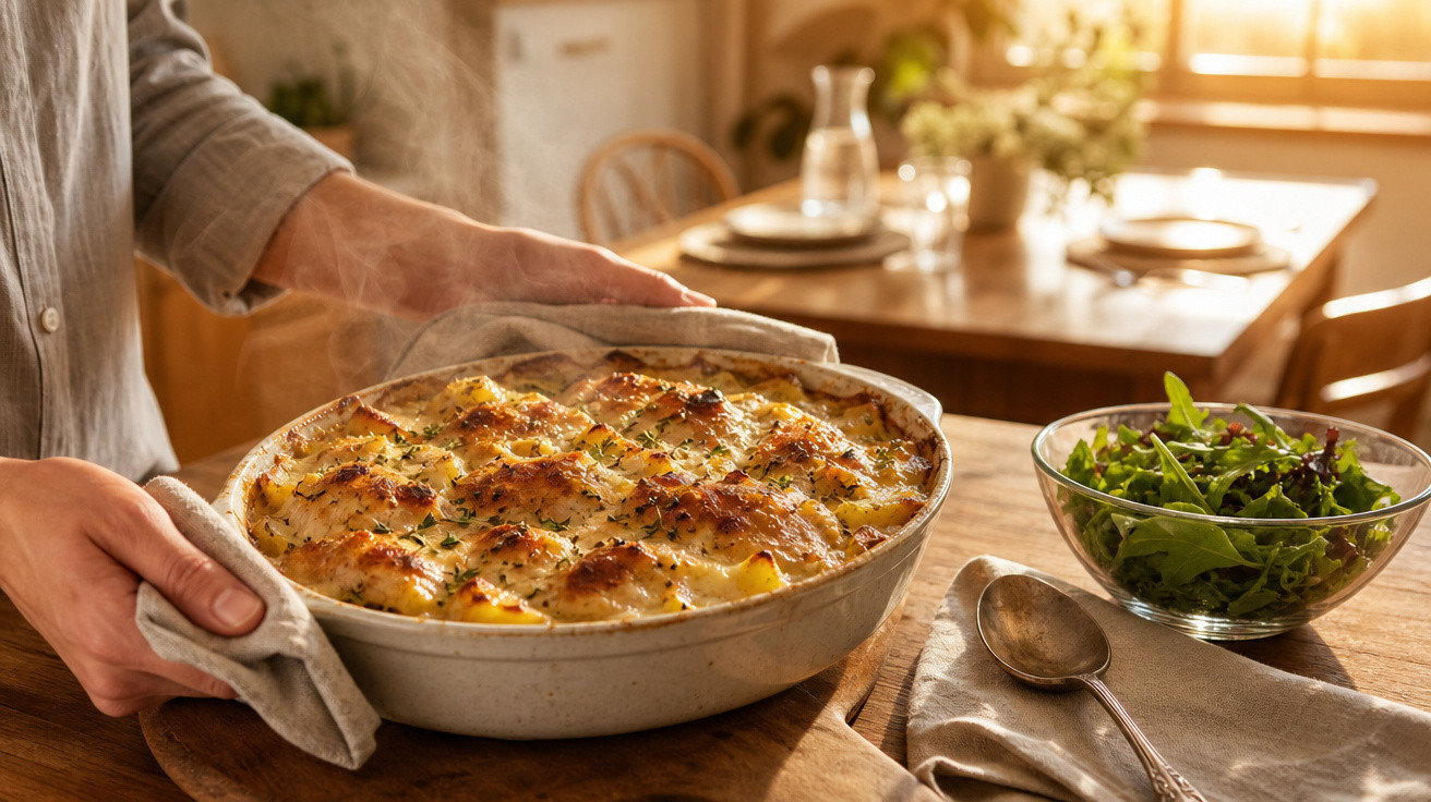 Pessoa segurando travessa com lasanha gratinada ao lado de tigela com salada verde em mesa de madeira.