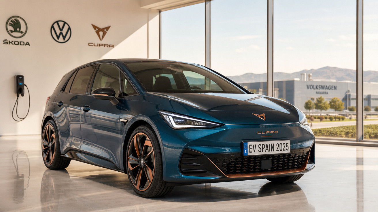 Carro elétrico esportivo Cupra azul em showroom com logos da Škoda, Volkswagen e Cupra na parede.