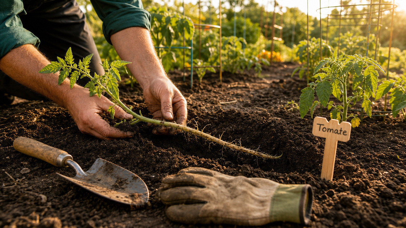Mãos plantando muda de tomate em solo fértil ao ar livre com pá e luva de jardinagem ao lado.