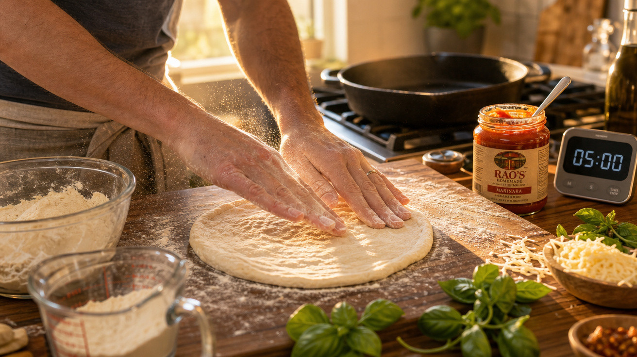 Pessoa amassando massa de pizza sobre bancada com ingredientes ao redor e timer marcando 05:00.