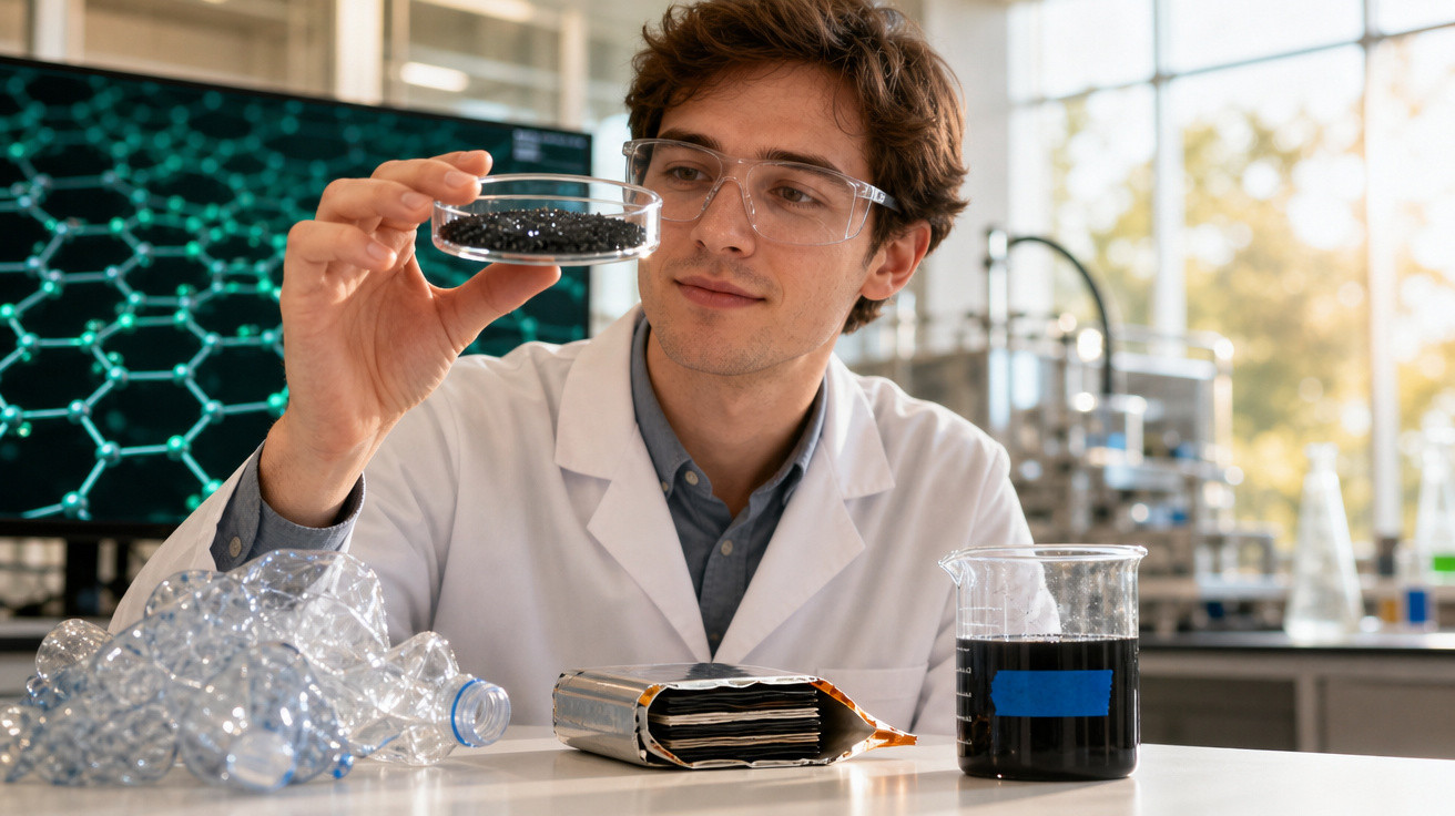 Pesquisador em laboratório observa grânulos pretos para reciclagem de plástico em laboratório moderno.