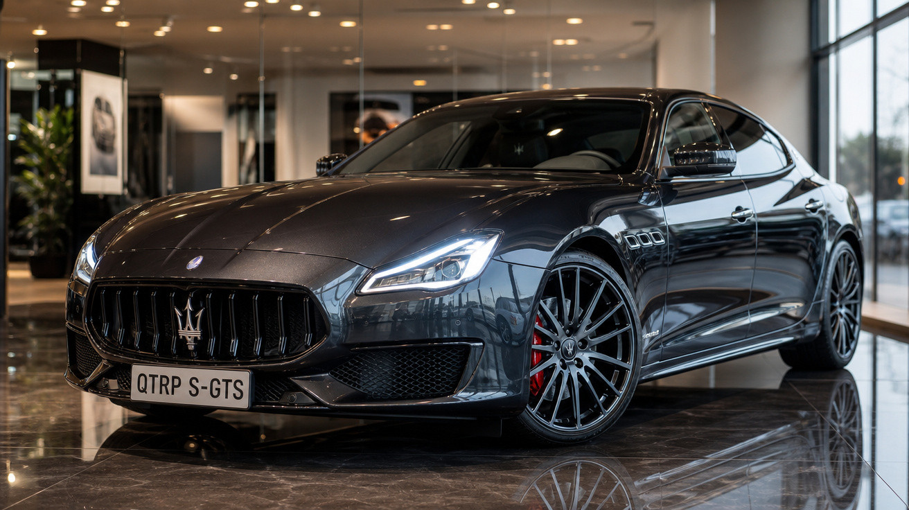 Carro esportivo Maserati preto exibido em showroom com piso brilhante e iluminação interna moderna.