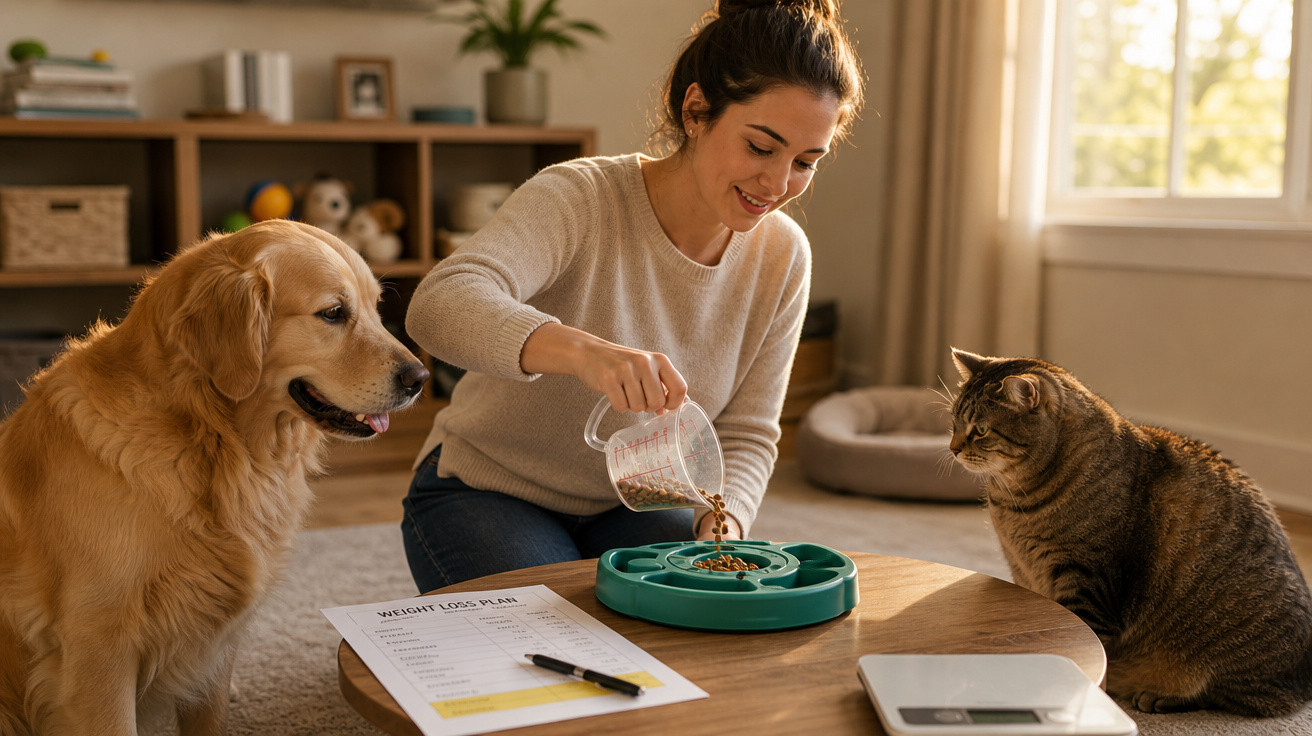 Mulher alimentando cachorro e gato em sala iluminada, com plano de dieta e balança sobre a mesa.