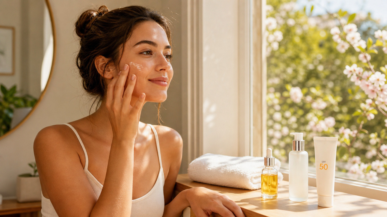 Mulher aplicando creme facial perto de janelas com produtos de cuidados e flores ao fundo.
