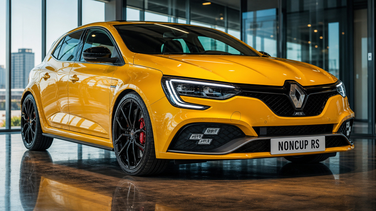 Carro esportivo Renault RS amarelo estacionado em ambiente interno com piso refletivo.