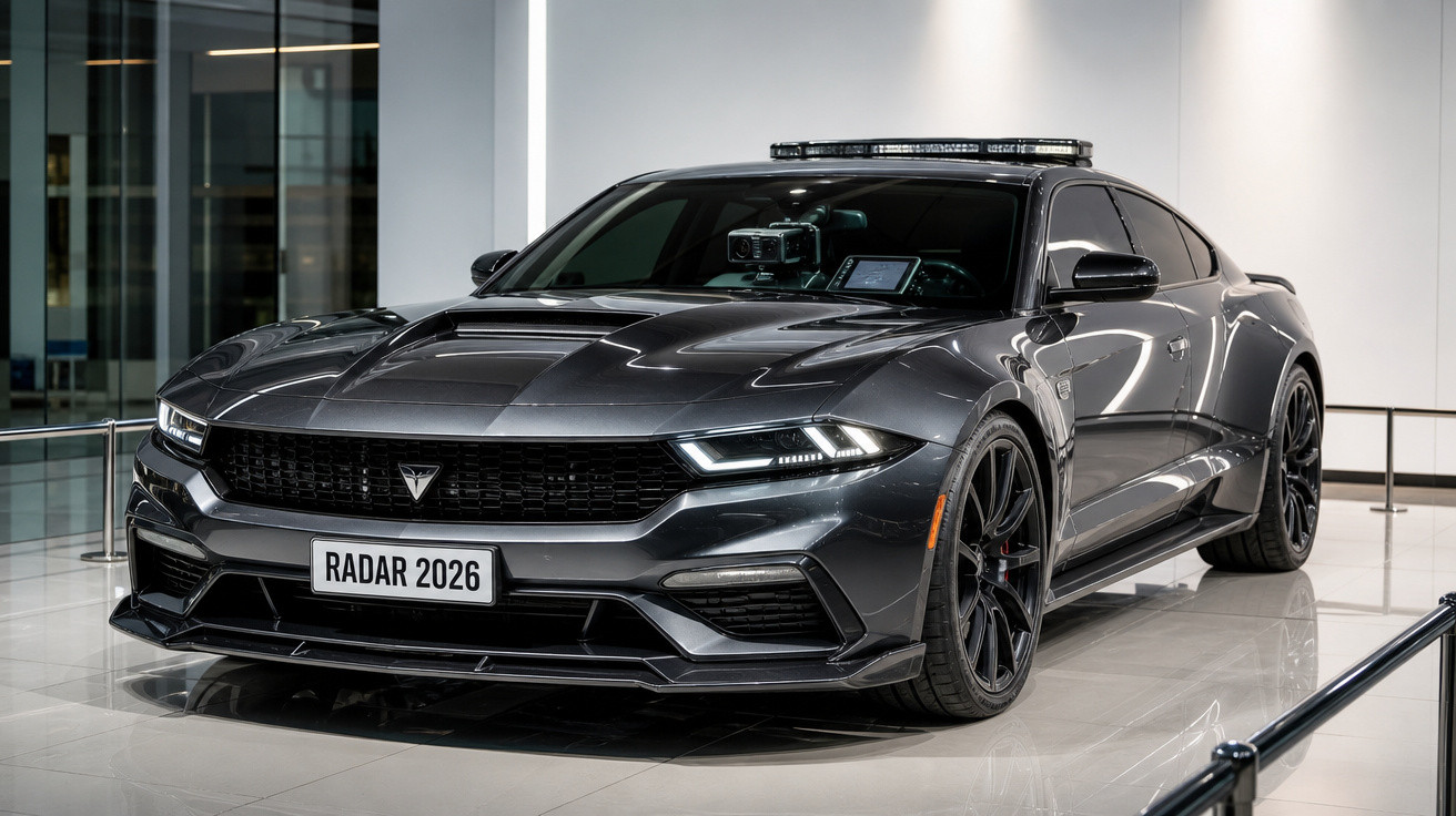 Carro esportivo cinza escuro com placa "RADAR 2026" e equipamento de radar no teto e capô em ambiente interno.