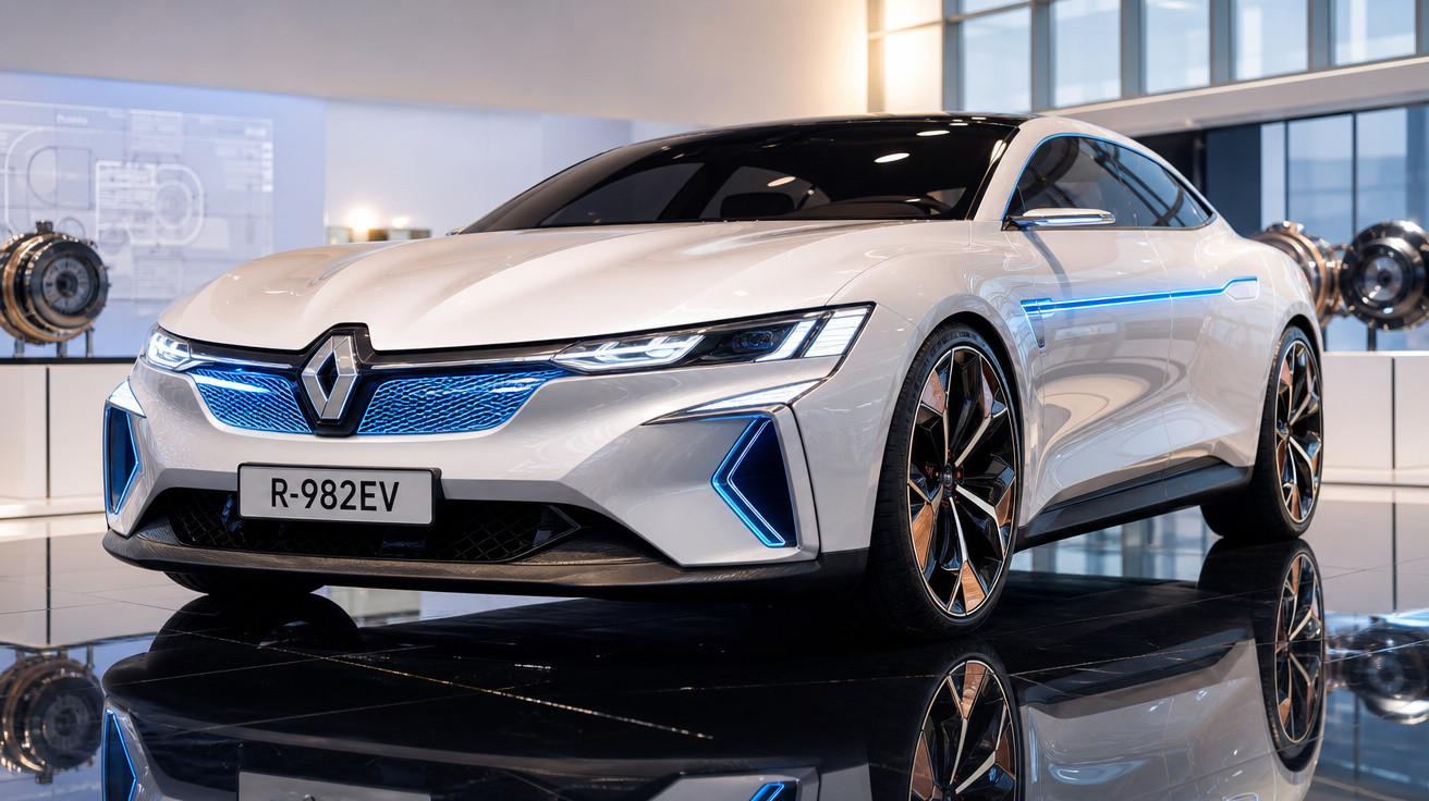 Carro conceito elétrico Renault branco exposto em ambiente moderno com luzes azuis destacando detalhes.