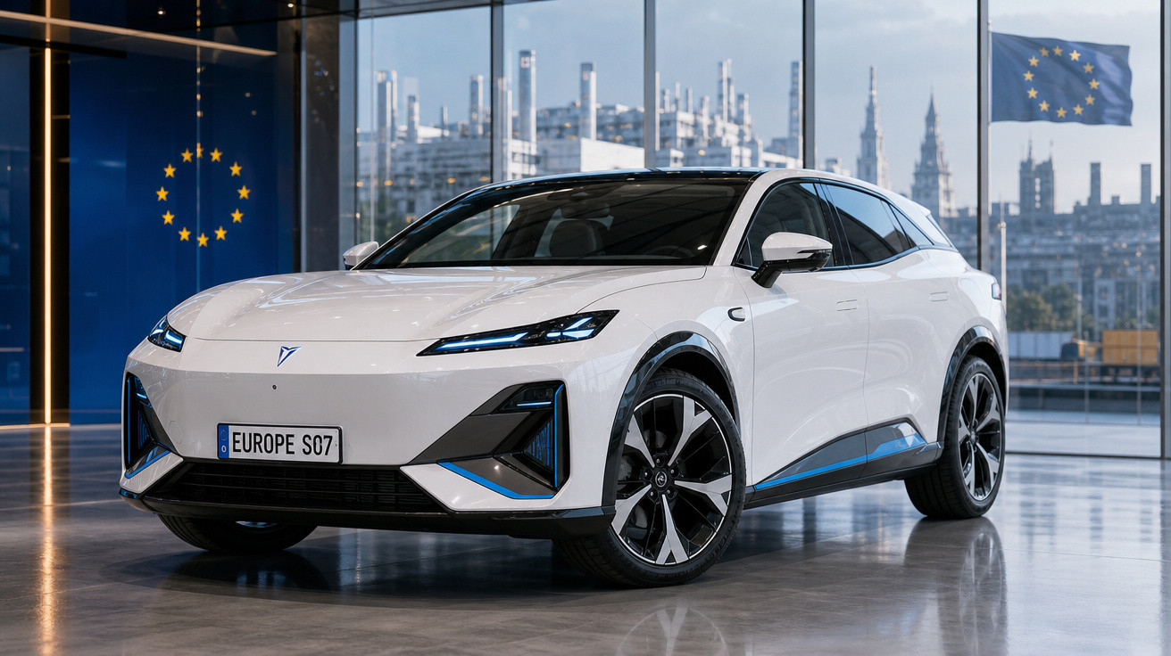Carro elétrico branco moderno em showroom com bandeiras da União Europeia ao fundo e cidade ao longe.