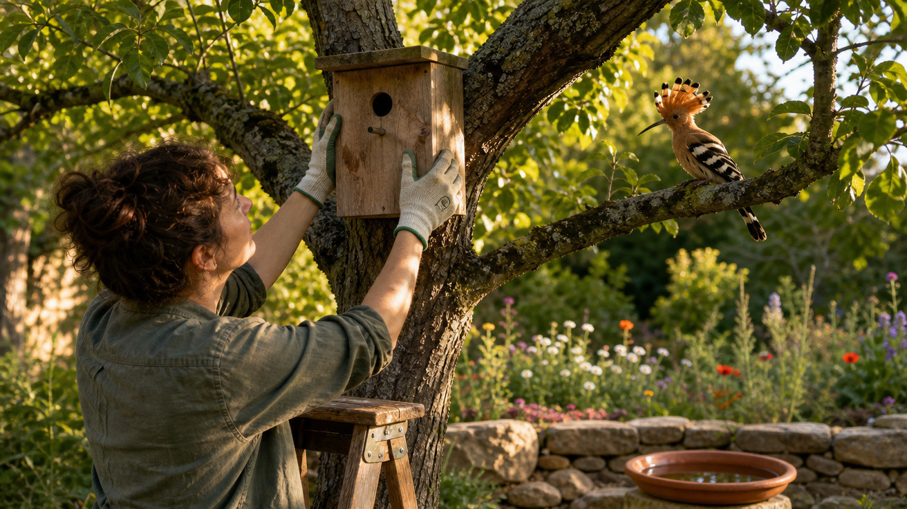 Mulher instalando caixa-ninho em árvore com pica-pau empoleirado em galho próximo no jardim.
