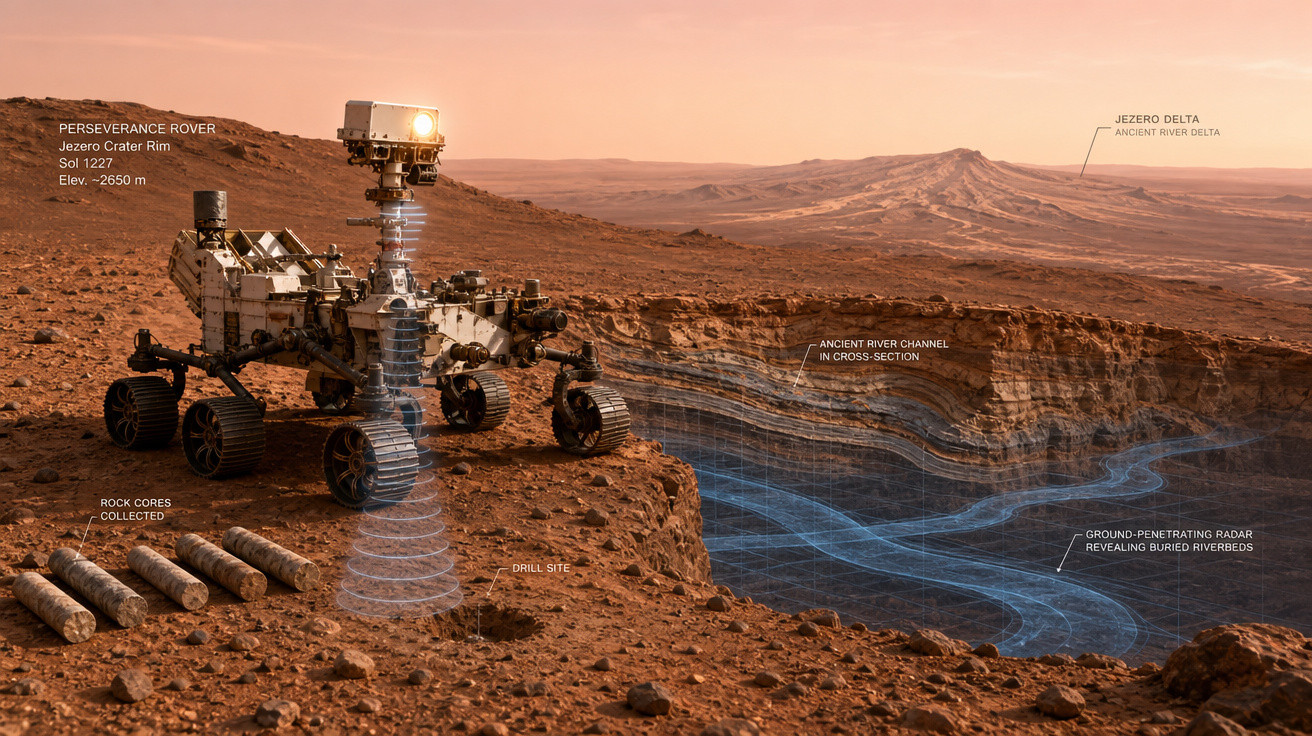 Rover Perseverance explorando o solo de Marte próximo a um penhasco com detalhe de rios antigos subterrâneos.
