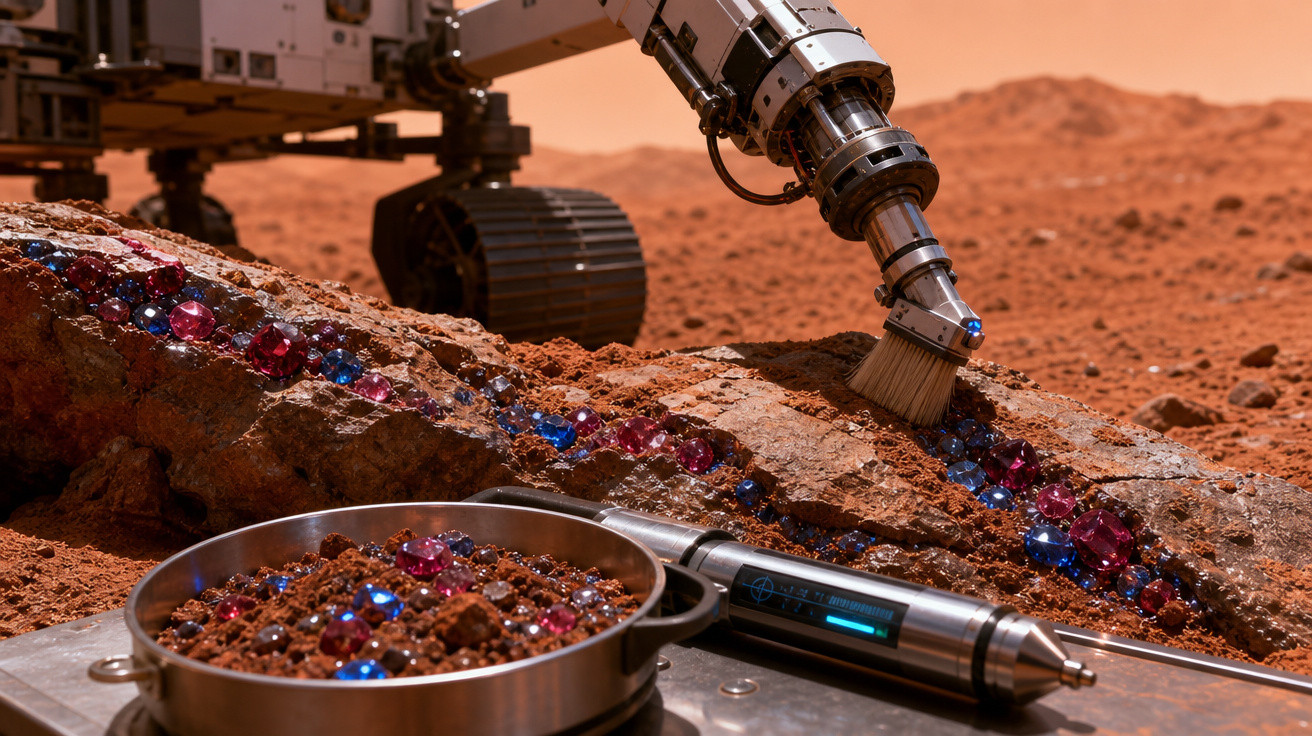 Rover explorando superfície marciana com pedras brilhantes vermelhas e azuis expostas em uma rocha triturada.