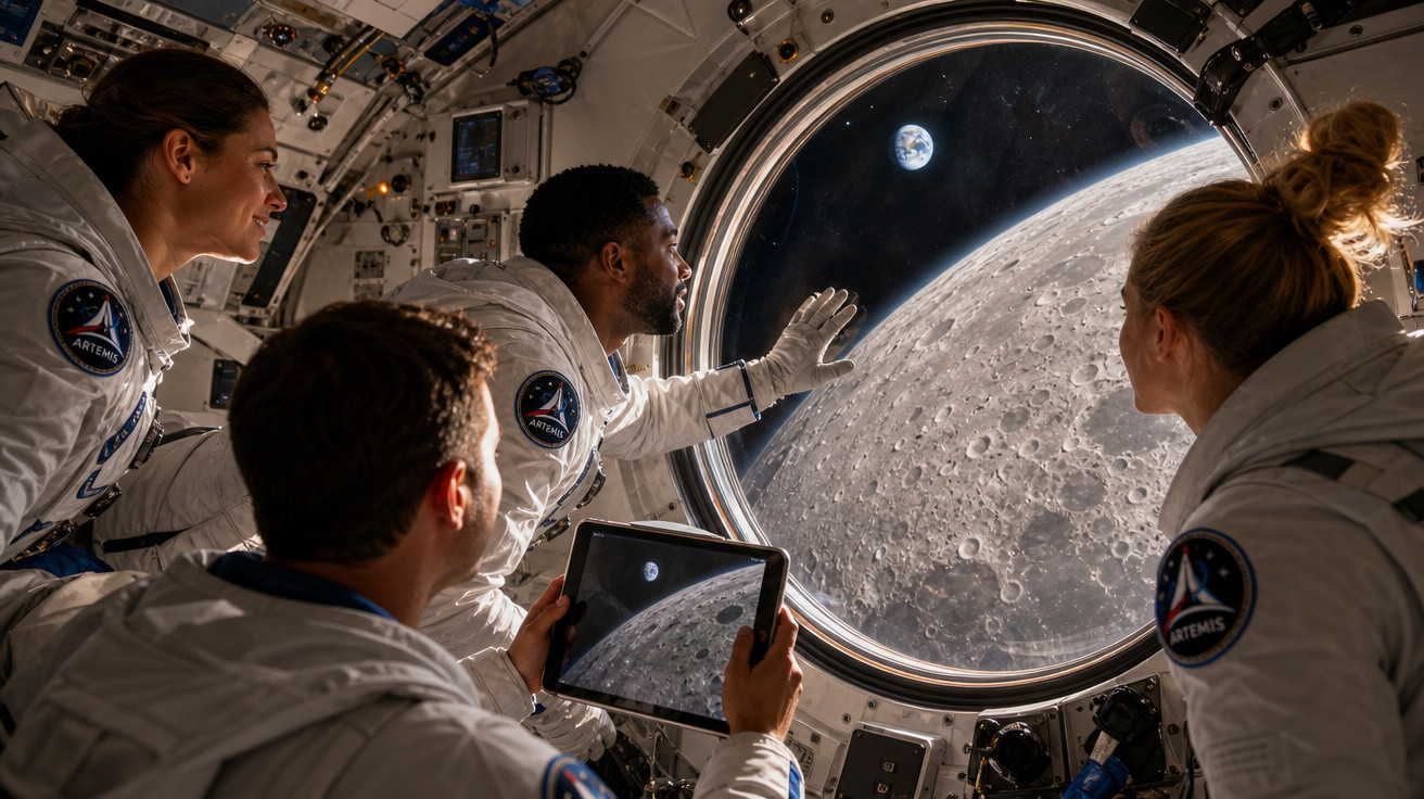 Quatro astronautas observando a Lua e a Terra através da janela de uma espaçonave.