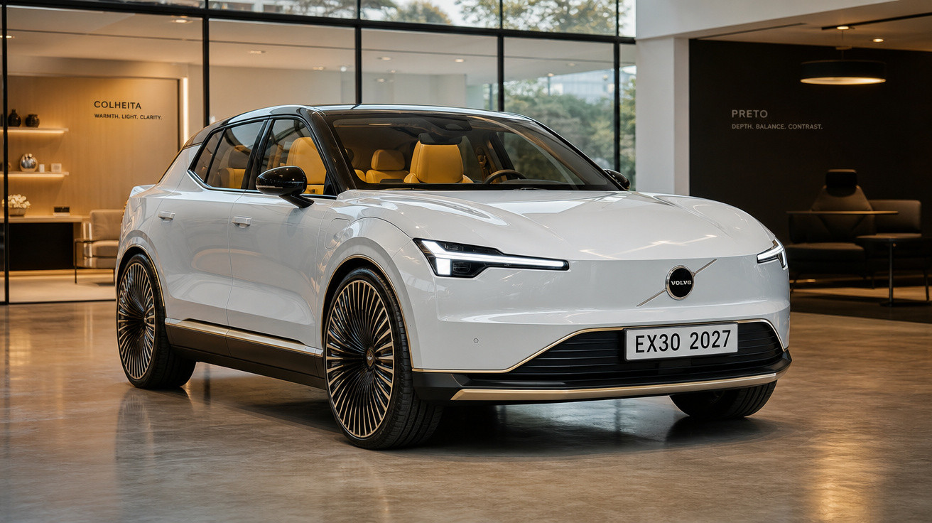 Carro elétrico branco Volvo EX30 2027 exibido em showroom moderno com interior amarelo.