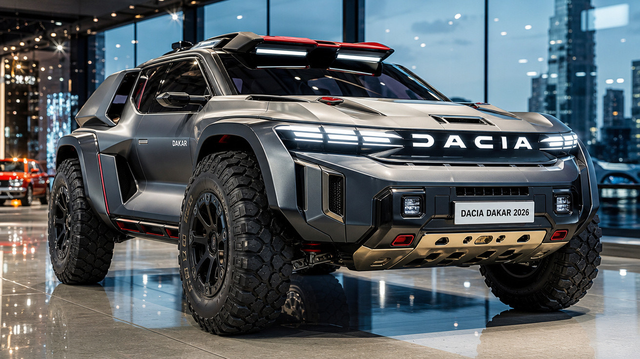 Carro conceito Dacia Dakar 2026, robusto e futurista, exibido em salão moderno com pneus off-road grandes.