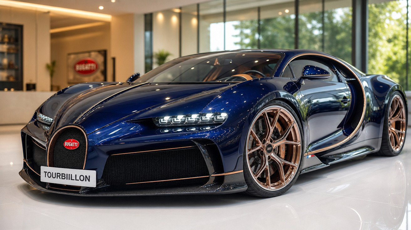 Carro esportivo Bugatti azul metálico com detalhes em bronze exposto em showroom moderno.