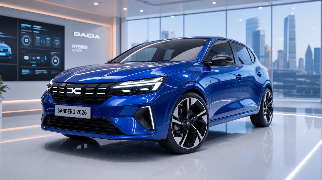 Carro compacto azul Dacia Sandero 2026 híbrido em showroom moderno com vista para cidade.