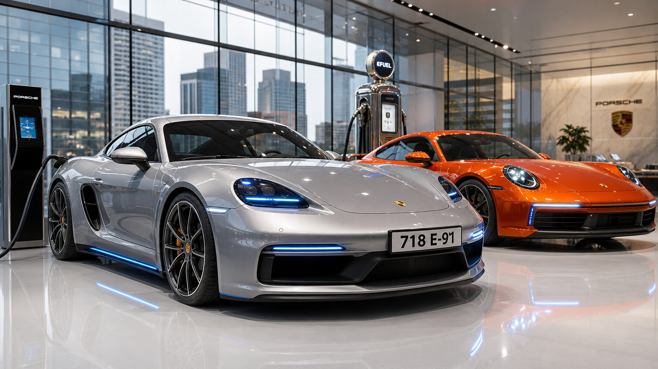Carro esportivo prata e carro laranja estacionados em showroom moderno com estação de recarga elétrica.