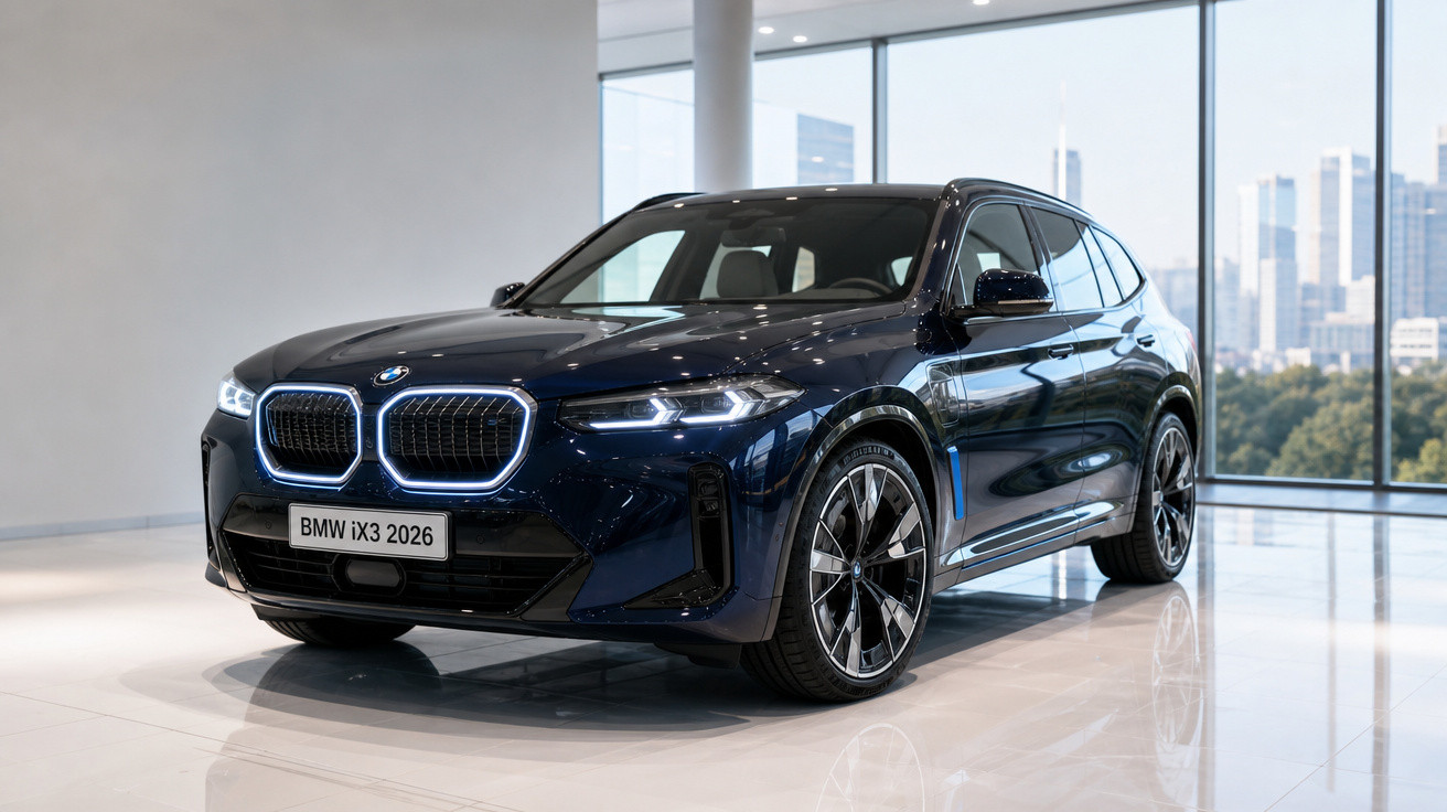 BMW iX3 2026 azul escuro em showroom com janelas grandes e vista urbana ao fundo.