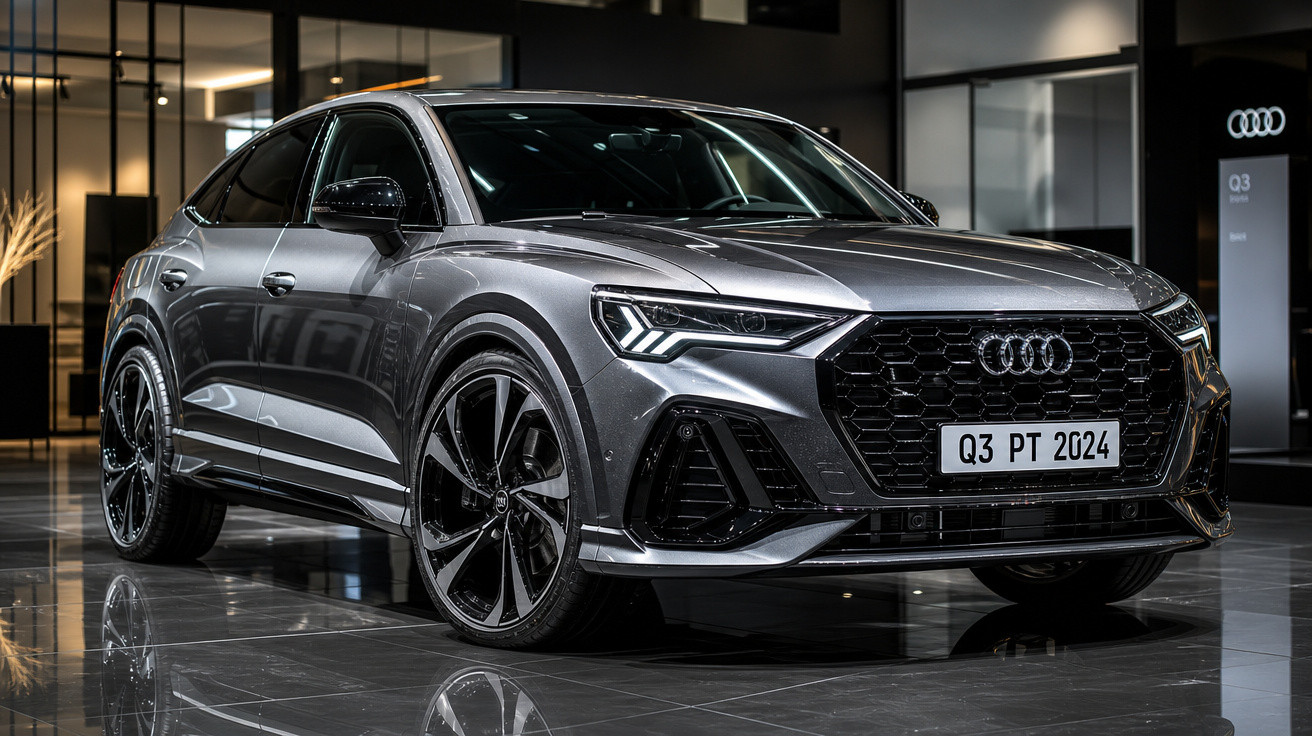 Carro Audi Q3 cinza metálico com design moderno exposto em showroom iluminado.