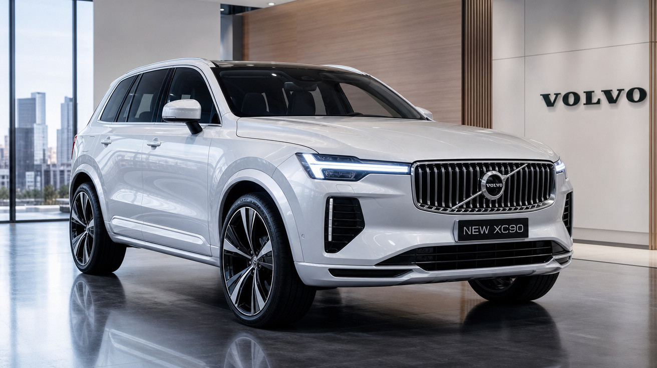 SUV branco Volvo XC90 estacionado em showroom moderno com paredes claras e vidro ao fundo.