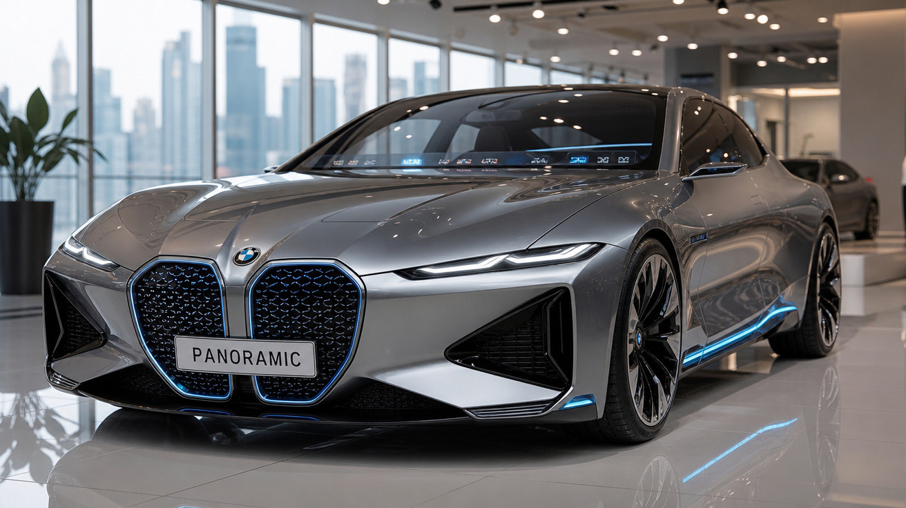 Carro esportivo BMW cinza prata em exposição com detalhes em azul e painel digital no para-brisa.