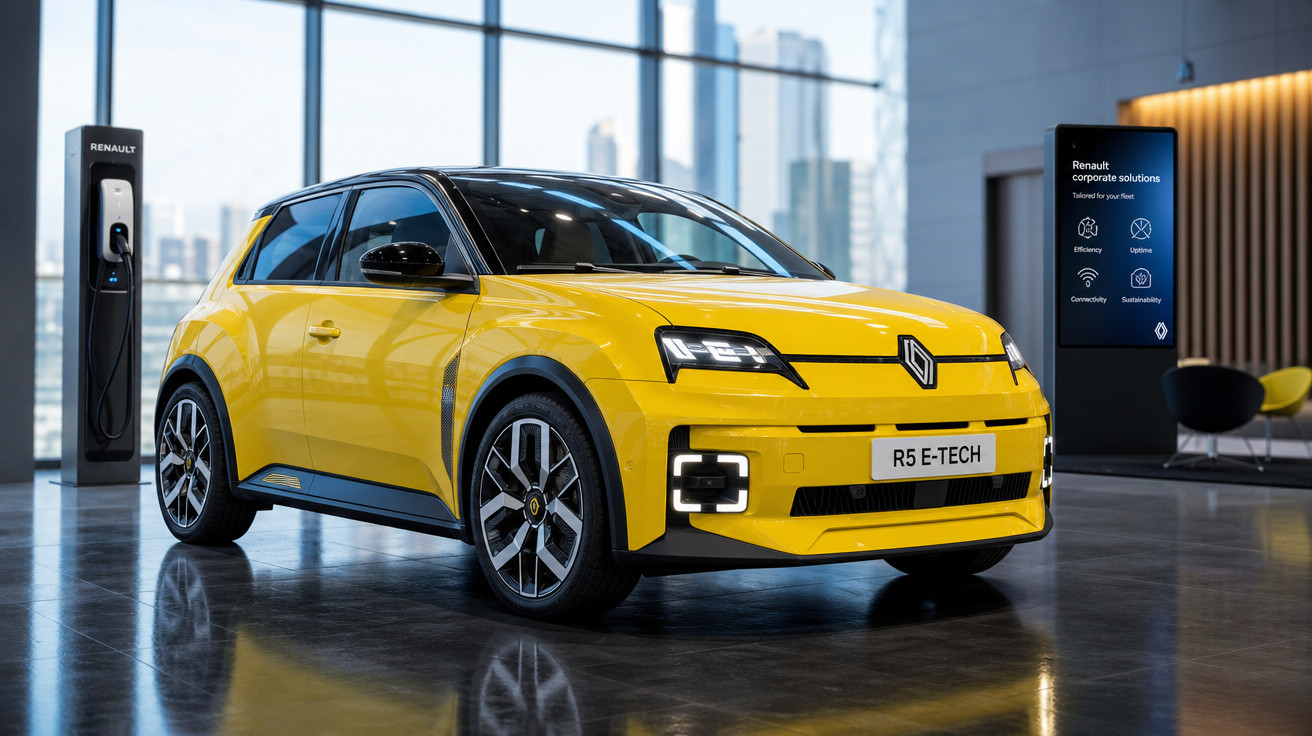 Carro elétrico amarelo Renault R5 E-TECH em showroom moderno com estação de recarga ao lado.
