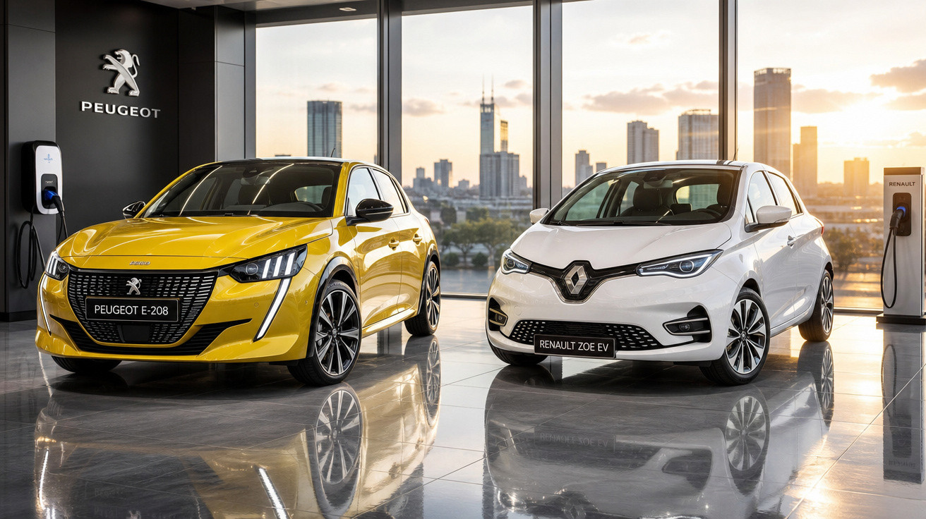 Dois carros elétricos, Peugeot amarelo e Renault branco, exibidos em showroom moderno com vista urbana ao fundo.