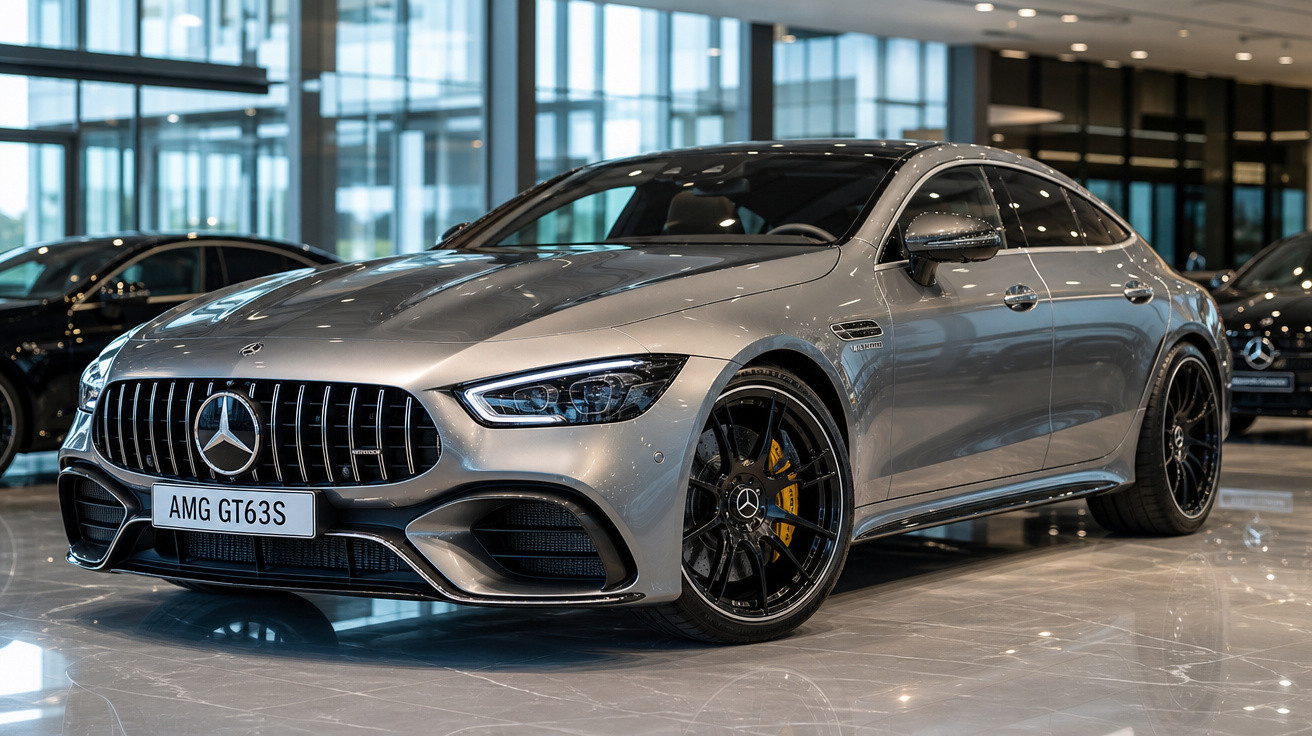Carro esportivo Mercedes-Benz AMG GT63S prata exibido em salão moderno com piso brilhante e janelas grandes.