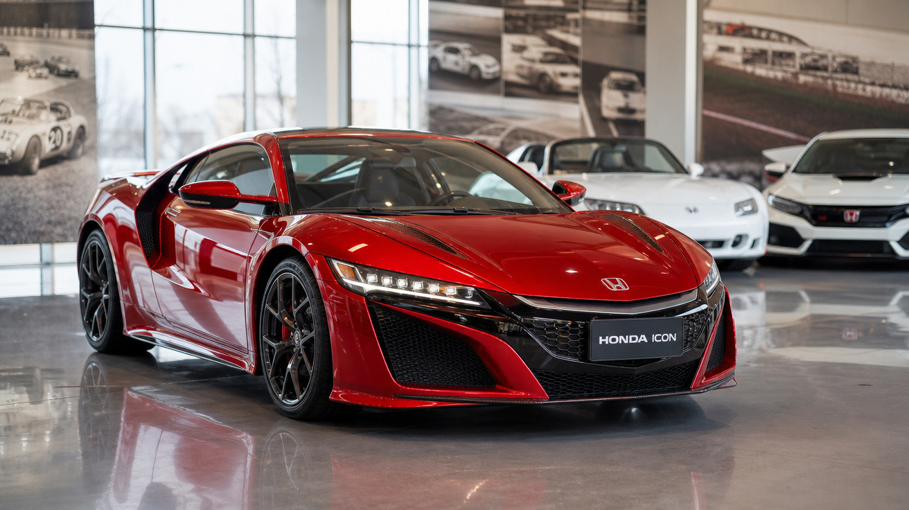 Carro esportivo Honda vermelho em exposição com dois carros Honda brancos ao fundo.