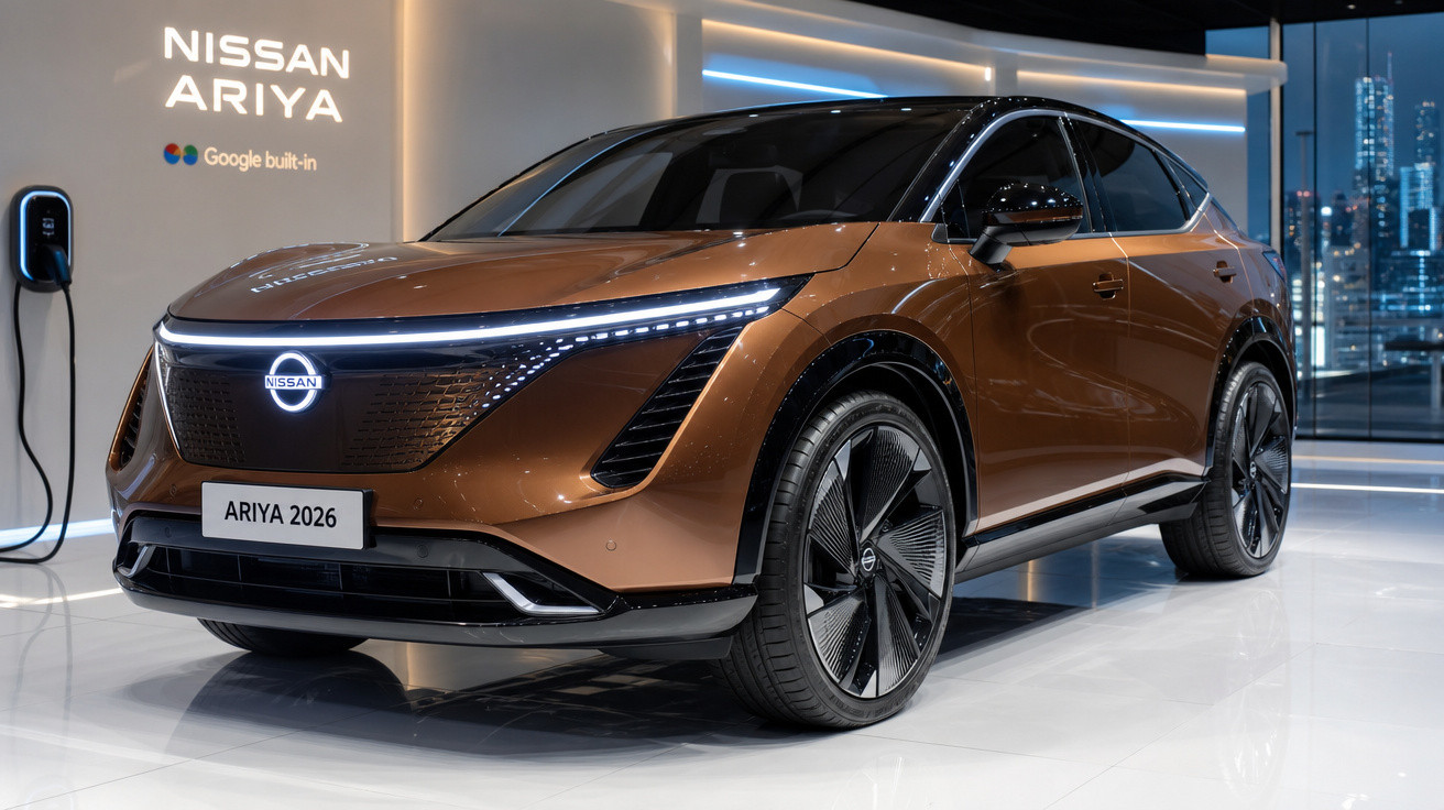 Carro elétrico Nissan Ariya 2026 na cor bronze em exposição com carregador ao fundo.