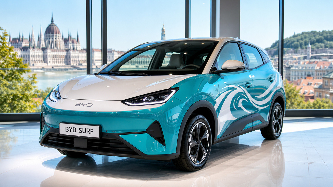 Carro elétrico BYD Surf azul e branco em exposição com vista panorâmica urbana ao fundo.