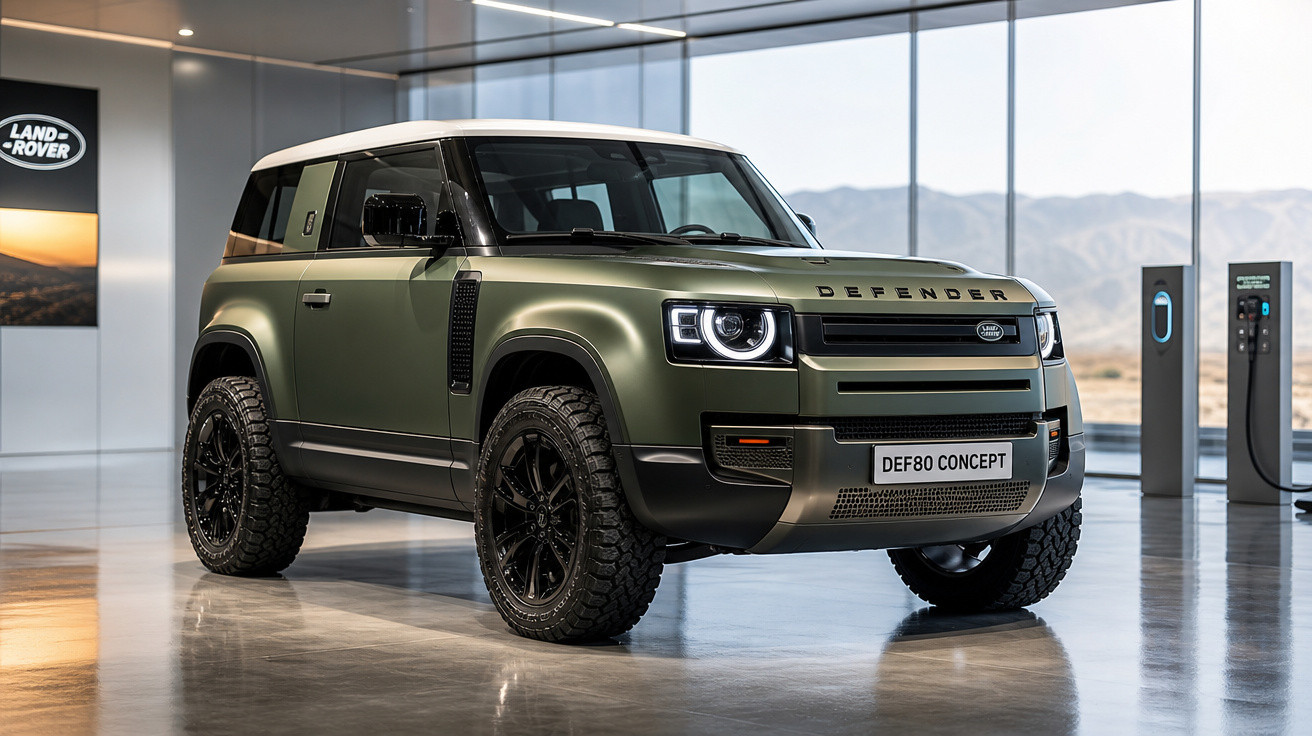 SUV Land Rover Defender verde militar com teto branco e rodas pretas em showroom moderno.