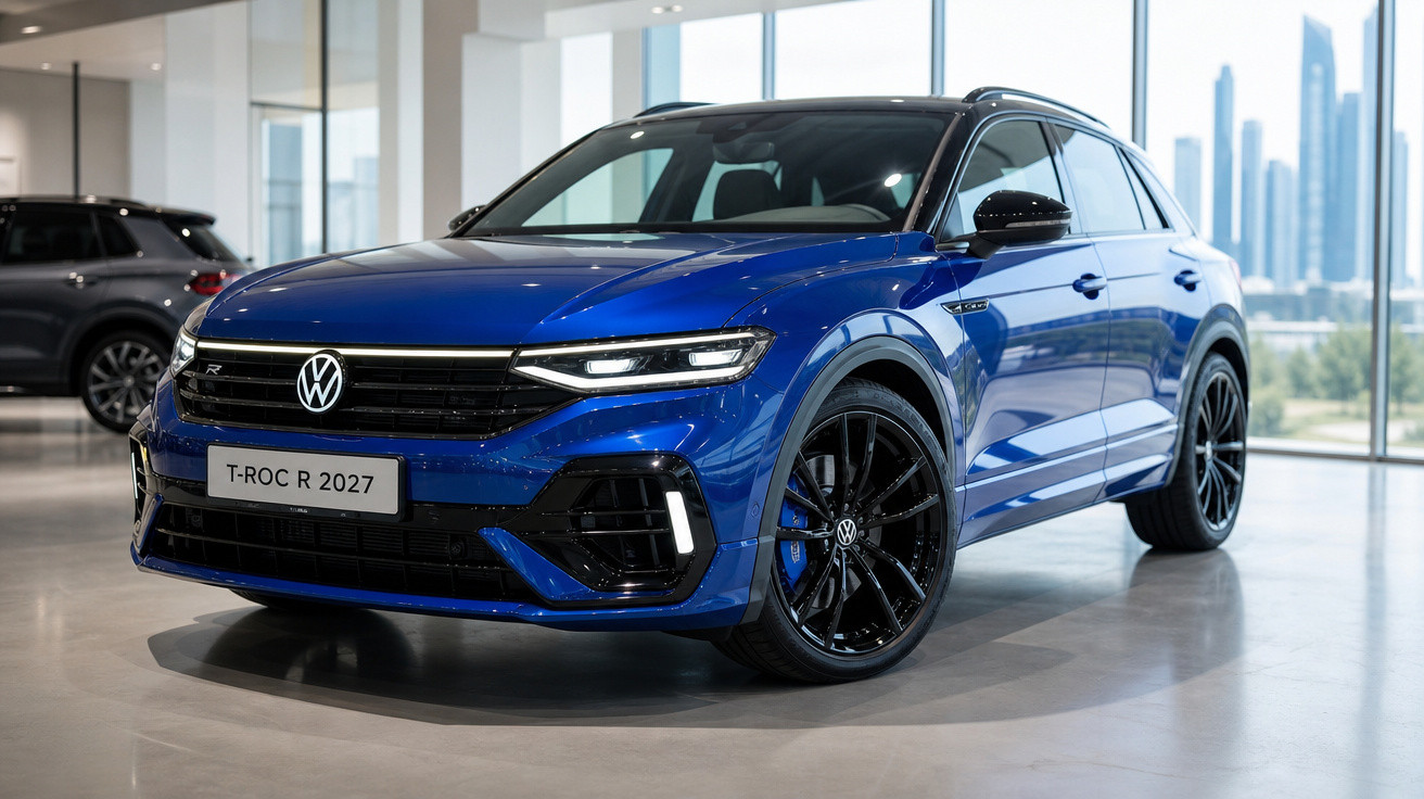 Carro Volkswagen T-ROC R 2027 azul exposto em showroom moderno com janelas grandes e piso cinza.